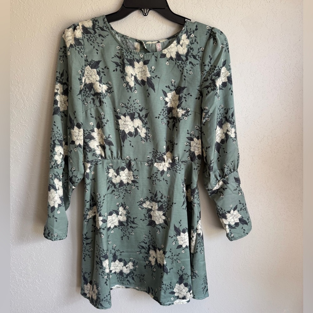 NWT Free People Sage Green White Floral Long Sleeve A-Line Mini Dress Womens 4